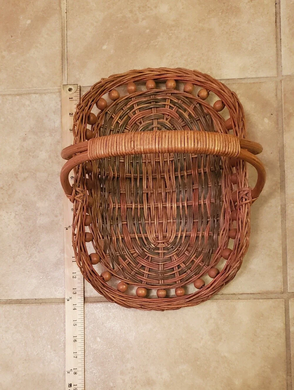 VTG. Handwoven Rattan Gathering Basket with Wood Bead Trim & Arched Handle.
